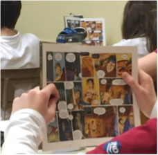 Les élèves lisant la bande dessinée <em>Démocratie </em>avec leur enseignant<br>© <em>Groupe de recherche en littératie médiatique multimodale</em>