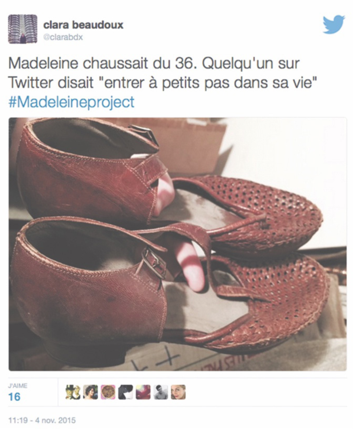 <strong>Illustration 1. </strong>Capture d’écran d’un Tweet de Clara Beaudoux pour le <em>Madeleine Project</em>. 4 novembre 2015.